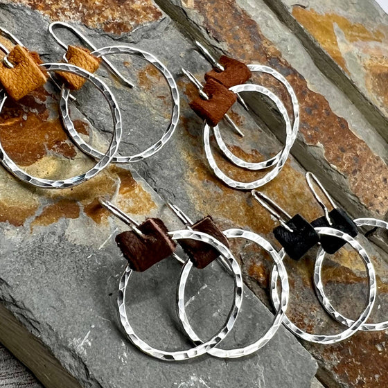 Rugged Hoop Earrings - Leather Accent Tobacco Brown