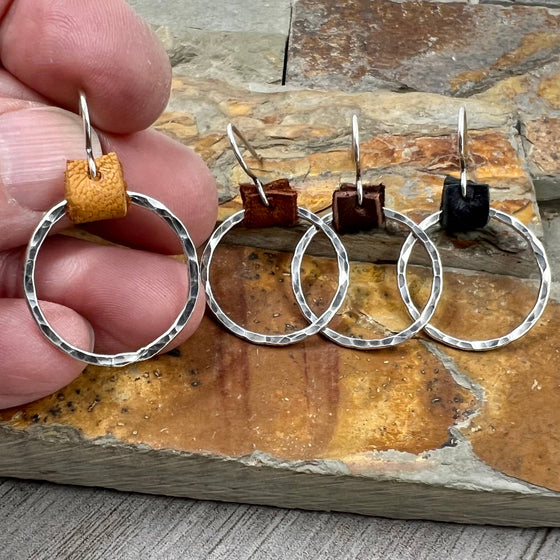 Rugged Hoop Earrings - Leather Accent Tobacco Brown