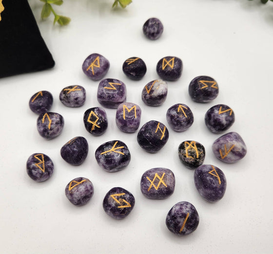Lepidolite Semi-Precious Gemstone Rune Sets + Velvet Pouch