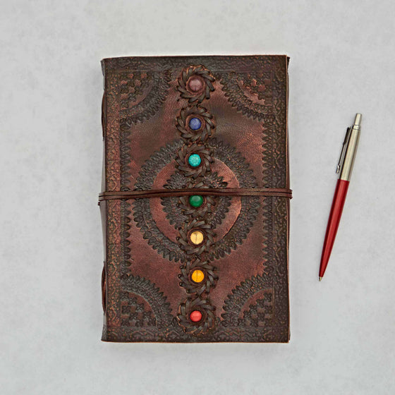 Chakra Embossed Stitched Leather Journal with Stones