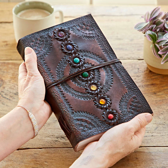 Chakra Embossed Stitched Leather Journal with Stones