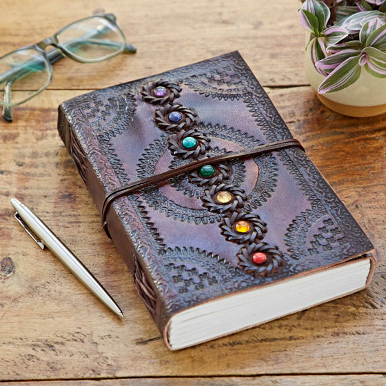 Chakra Embossed Stitched Leather Journal with Stones