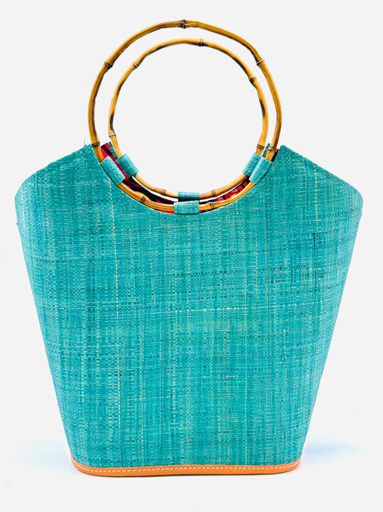 Carmen Solid & Stripes Straw Bucket Bag with Bamboo Handles