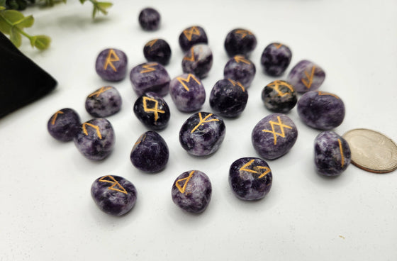 Lepidolite Semi-Precious Gemstone Rune Sets + Velvet Pouch
