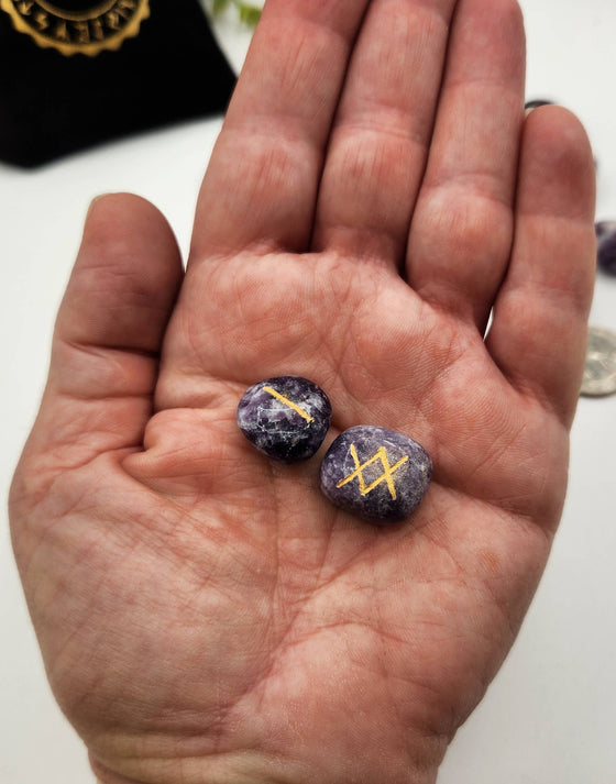 Lepidolite Semi-Precious Gemstone Rune Sets + Velvet Pouch