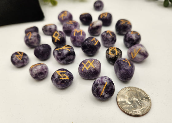 Lepidolite Semi-Precious Gemstone Rune Sets + Velvet Pouch