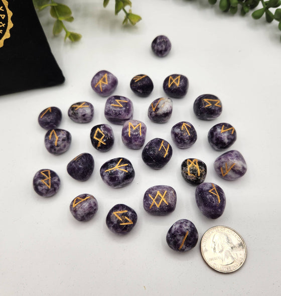 Lepidolite Semi-Precious Gemstone Rune Sets + Velvet Pouch