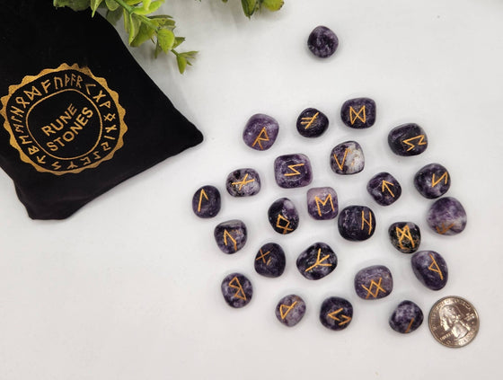 Lepidolite Semi-Precious Gemstone Rune Sets + Velvet Pouch