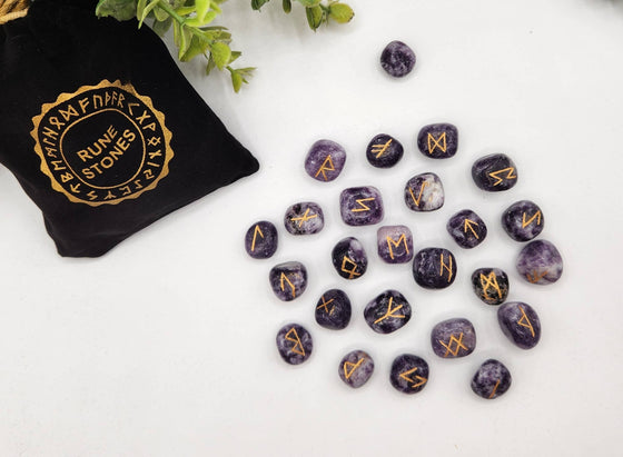 Lepidolite Semi-Precious Gemstone Rune Sets + Velvet Pouch