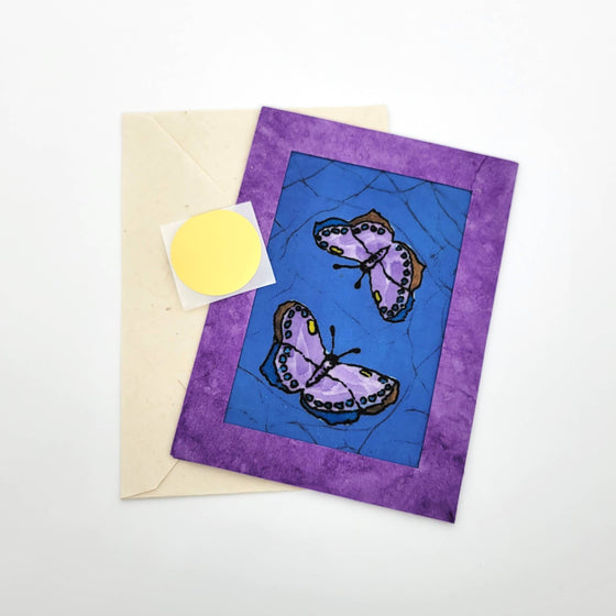 Two Butterflies Batik Note Card with Blue Background