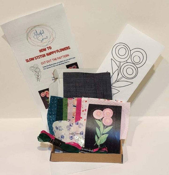 Slow Stitch Happy Flowers Kit -Art Kit includes All Supplies