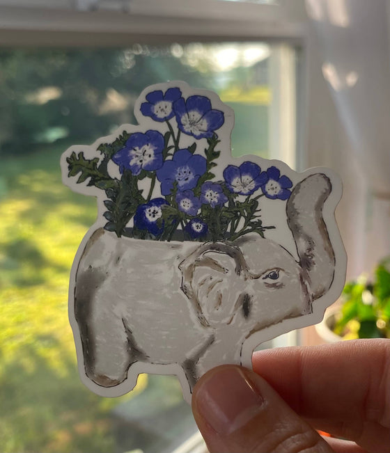 Elephant Planter Sticker w/Blue flowers