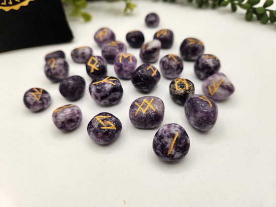 Lepidolite Semi-Precious Gemstone Rune Sets + Velvet Pouch