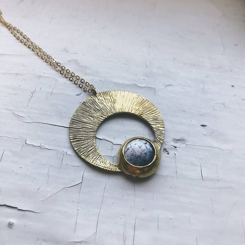 Gold Tone Crescent Moon Necklace with Dendrite
