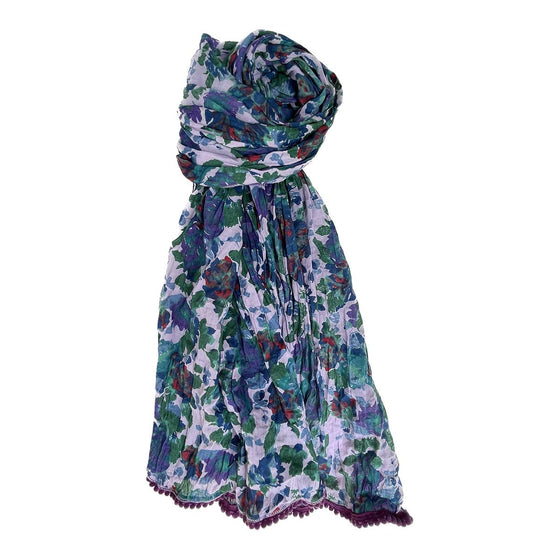 Crinkled Cotton Scarf - Roses Grape: 20" by 64" / Grape