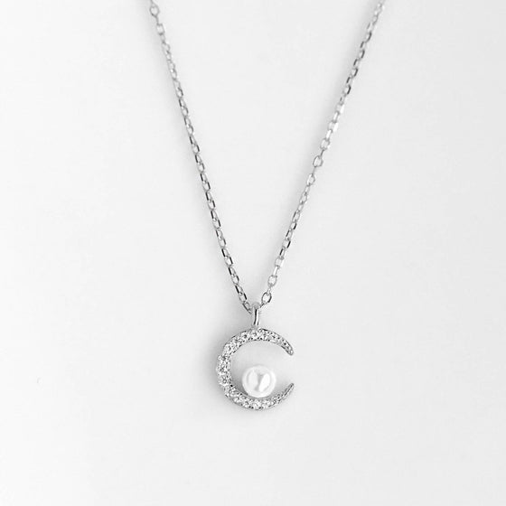 Silver CZ Crescent Moon and Pearl Necklace