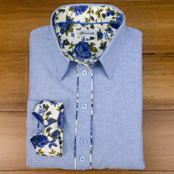 Blue Oxford Shirt with Blue Rose Accents