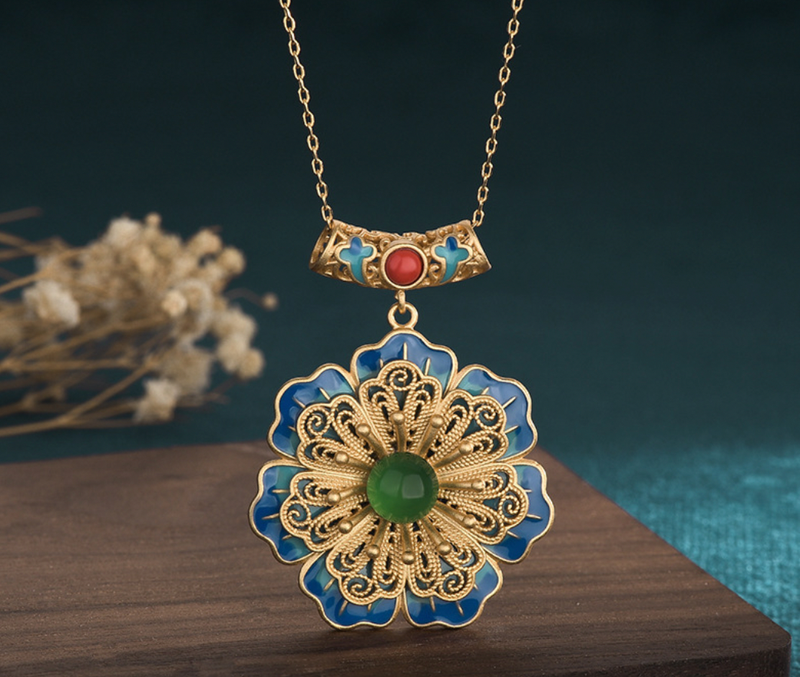 Detailed Blue Enamel Flower Necklace
