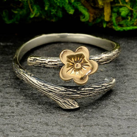 Silver Branch Ring with Bronze Cherry Blossom